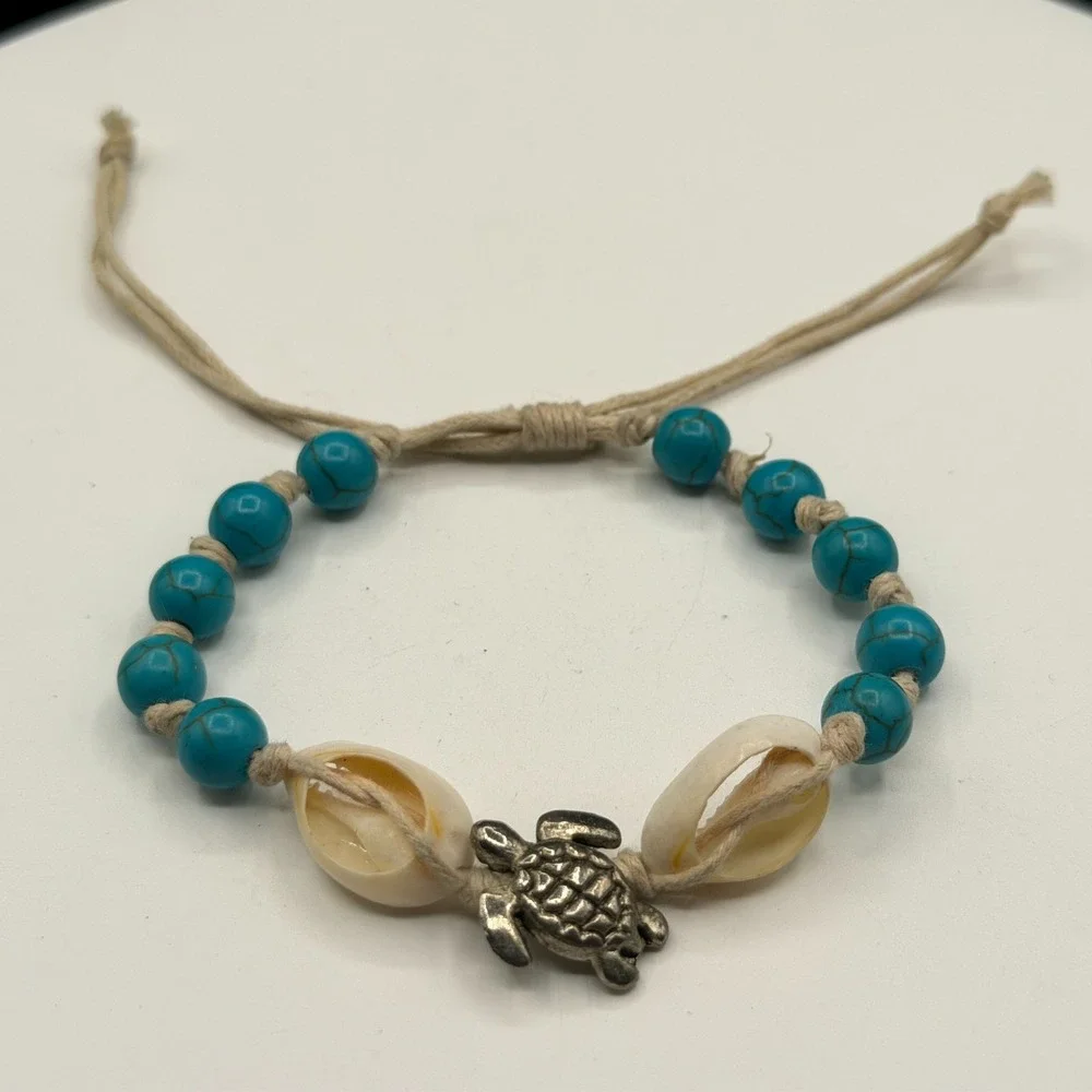 Boho Sea Turtle Bracelet Blue Beads Cowrie Shell Adjustable Beach Surfer Gift